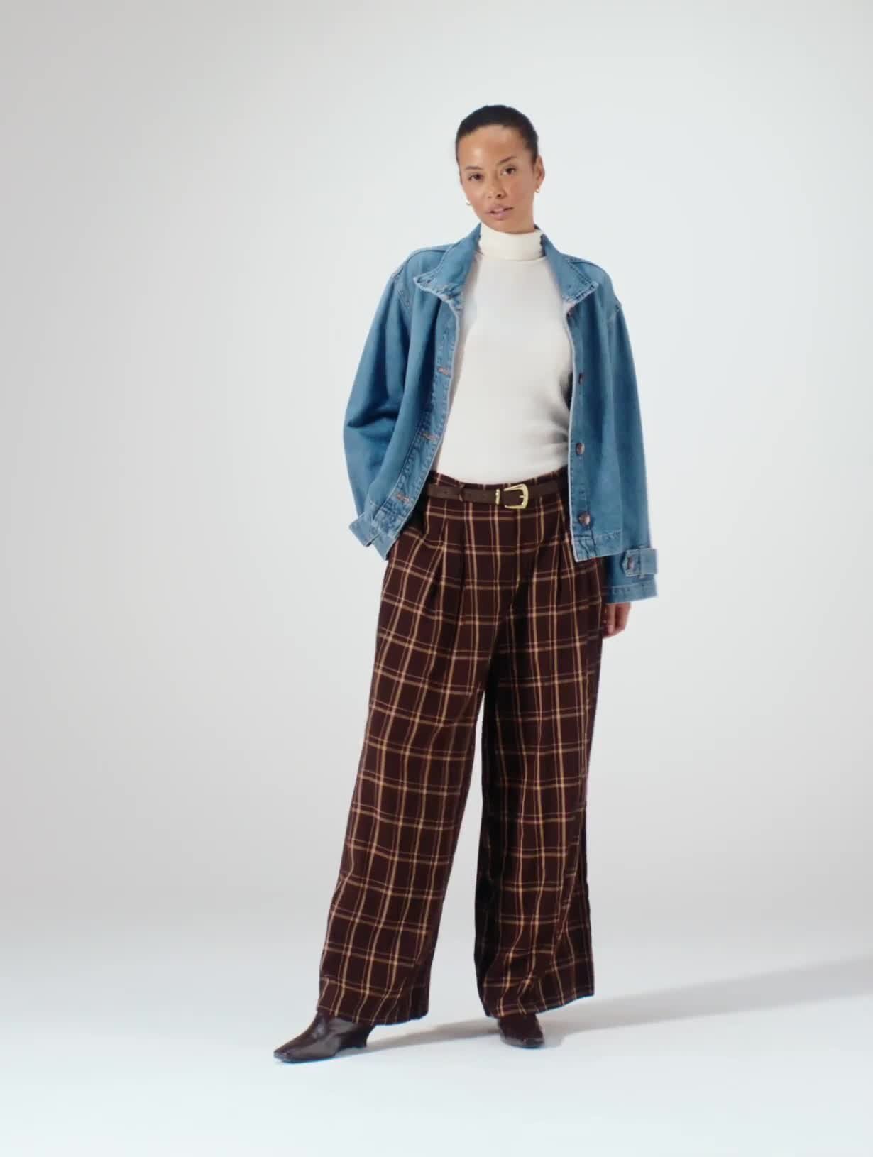 Brown Checked Wide Leg Trousers 16S - Video 1 thumbnail