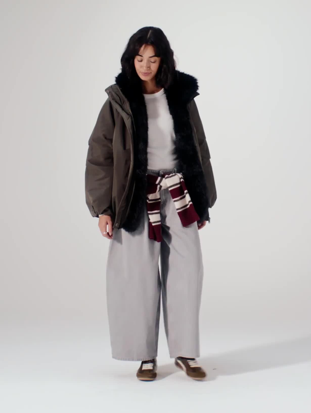 Khaki Faux Fur Collar Bomber Jacket M - Video 1 thumbnail