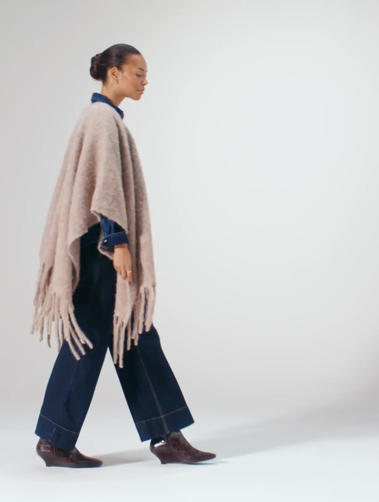 Oatmeal Brushed Knit Fringe Hem Cape One Size - Video 1 thumbnail
